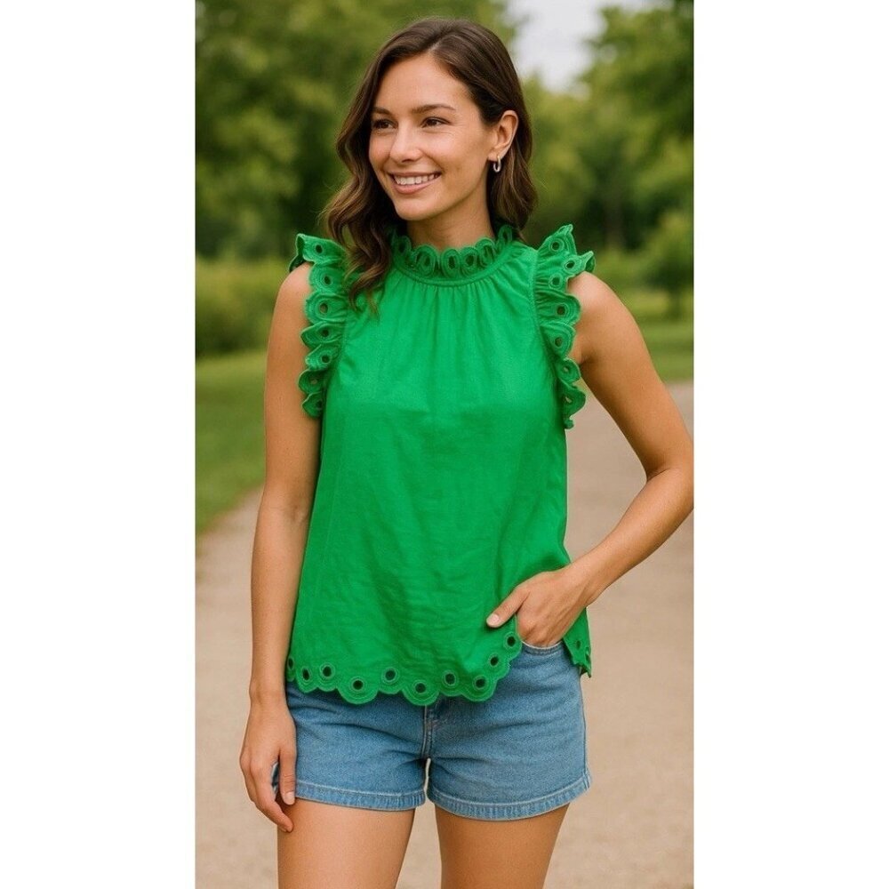 RAIN Green Eyelet Ruffle Sleeve Linen Blend Top Women’s Small Boho Summer Blouse